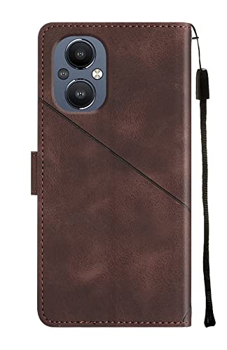 NVWA Compatible with Oppo A96 / Reno 7Z 5G Credit Card Case with Wallet Kickstand Wrist Strap and Long Lanyard Brown Leather Crossbody Protective Cover with Embossed Design