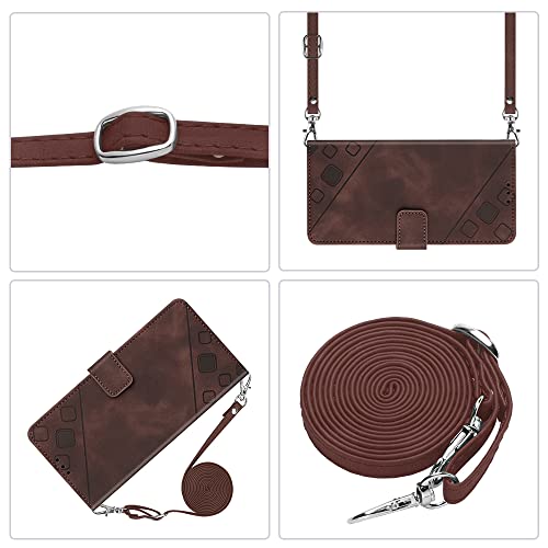 NVWA Compatible with Oppo A96 / Reno 7Z 5G Credit Card Case with Wallet Kickstand Wrist Strap and Long Lanyard Brown Leather Crossbody Protective Cover with Embossed Design