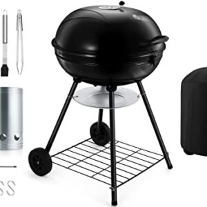 22 inches Outdoor Charcoal Grill Set of 12, Leonyo Large Kettle BBQ Charcoal Grill for Camping, Round Barbecue Grill Cooking Accessories with Charcoal Chimney Starter, Grill Cover, Tongs for Backyard