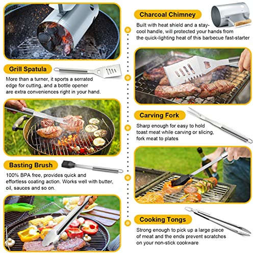 22 inches Outdoor Charcoal Grill Set of 12, Leonyo Large Kettle BBQ Charcoal Grill for Camping, Round Barbecue Grill Cooking Accessories with Charcoal Chimney Starter, Grill Cover, Tongs for Backyard