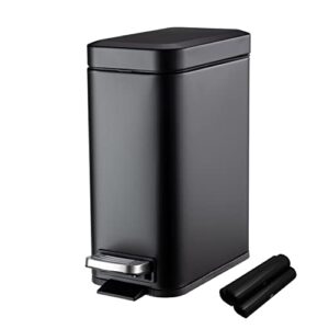 small bathroom trash can with lid-5l/1.3 gal stainless steel step pedal trash can, black slim wastebasket easy-close lid, removable liner metal garbage container bin for bedroom, kitchen, office