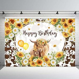 mehofond 7x5ft highland cows floral birthday backdrop brown cattles happy birthday party decorations sunflowers farm cow photography background for girls cake table banner supplies