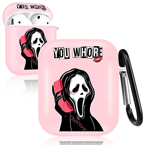 HooYiiok Scream Ghost for Airpods Case 2nd Generation, Horror for airpods 2nd Generation case, Funny for Airpods 2nd/1st Generation Case Cover with Keychain (Pink)