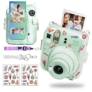 caiyoule instax mini 12 clear case - protective camera case compatible with fuji instax mini 12, hard pc cover with 2 straps and stickers (clear)