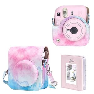 wogozan protective case for fujifilm instax mini 12 instant camera - premium leather bag cover with mini photo album and removable & adjustable strap (blue pink watercolor)