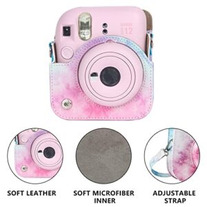 wogozan Protective Case for Fujifilm Instax Mini 12 Instant Camera - Premium Leather Bag Cover with Mini Photo Album and Removable & Adjustable Strap (Blue Pink Watercolor)