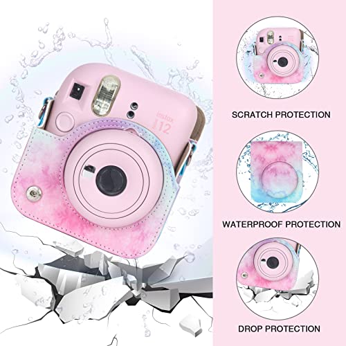 wogozan Protective Case for Fujifilm Instax Mini 12 Instant Camera - Premium Leather Bag Cover with Mini Photo Album and Removable & Adjustable Strap (Blue Pink Watercolor)