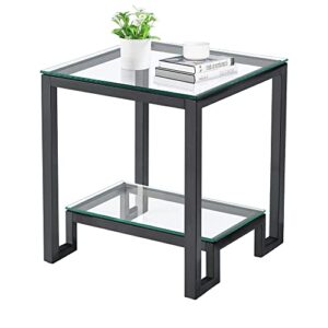 glass end table square,modern glass side table with 2 tier shelf coffee table,black metal frame glass top table for living room,balcony,bedroom