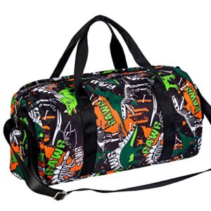 kids duffle bag, boys gymnastics bag with shoe compartment, dinosaur travel bag teens sports carry on weekend duffel bag