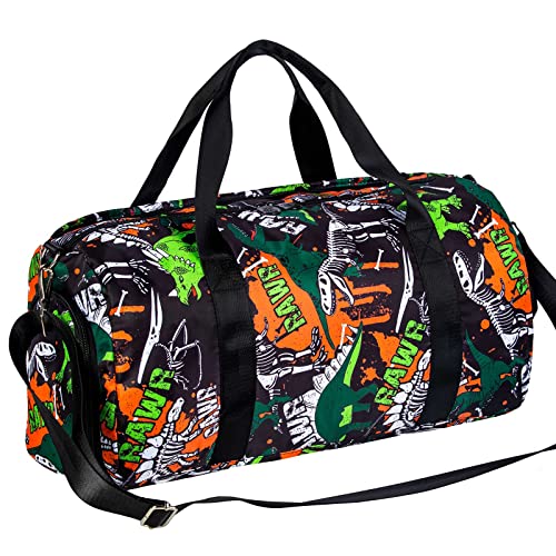 Kids Duffle Bag, Boys Gymnastics Bag with Shoe Compartment, Dinosaur Travel Bag Teens Sports Carry on Weekend Duffel Bag