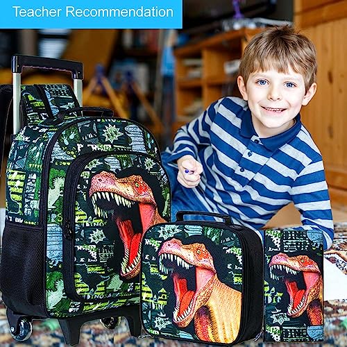 3PCS Rolling Backpack for Boys, Kids Roller Wheeled Dinosaur Bookbag and Lunch Box, Cool School Backpacks with Wheels for Elementary Teen