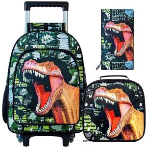 3pcs rolling backpack for boys, kids roller wheeled dinosaur bookbag and lunch box, cool school backpacks with wheels for elementary teen