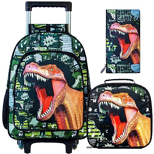 3PCS Rolling Backpack for Boys, Kids Roller Wheeled Dinosaur Bookbag and Lunch Box, Cool School Backpacks with Wheels for Elementary Teen