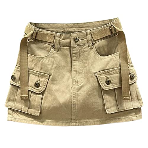 Khaki Mini Cargo Skirt for Women Low Waist Y2k Short Denim Jean Skirt (Khaki, M)