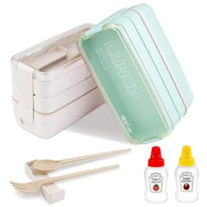 moamun 2pcs stackable bento box, 3-in-1 bento lunch box with spoon and fork, japanese lunch box with 2pcs mini condiment squeeze bottles, meal prep containers for kids and adults (green+beige)