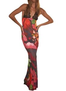 xponni backless spaghetti strap maxi dresses for women, red satin tie dye bodycon dress y2k, sexy party dress with lace strap (medium,medium)
