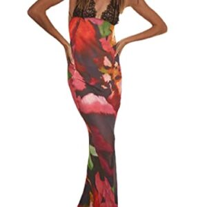 XPONNI Backless Spaghetti Strap Maxi Dresses for Women, Red Satin Tie Dye Bodycon Dress Y2k, Sexy Party Dress with Lace Strap (Medium,Medium)