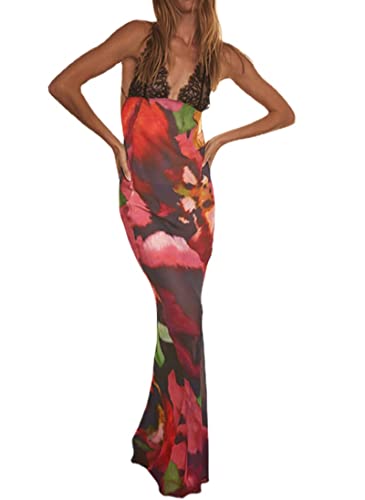 XPONNI Backless Spaghetti Strap Maxi Dresses for Women, Red Satin Tie Dye Bodycon Dress Y2k, Sexy Party Dress with Lace Strap (Medium,Medium)