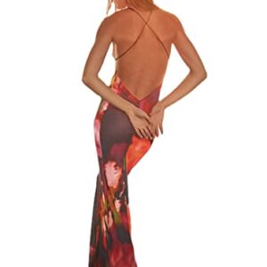 XPONNI Backless Spaghetti Strap Maxi Dresses for Women, Red Satin Tie Dye Bodycon Dress Y2k, Sexy Party Dress with Lace Strap (Medium,Medium)