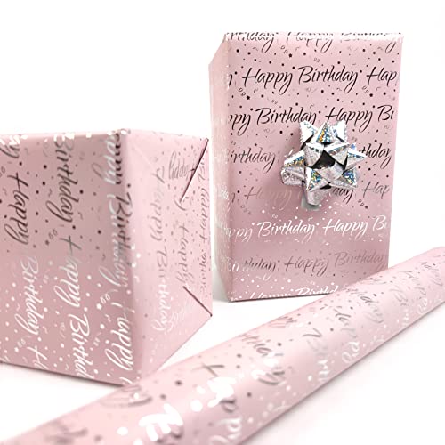 LDGOOAEL Mini Short Small Birthday Wrapping Paper Roll (17" X 120") - Pink with Silver Foil for Holiday, Mothers Day, Birthday, Wedding, Baby Shower