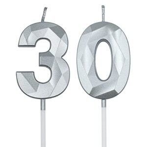 30th birthday candles for cake, silver number 30 3d diamond shaped candle birthday decorations party supplies for women or men