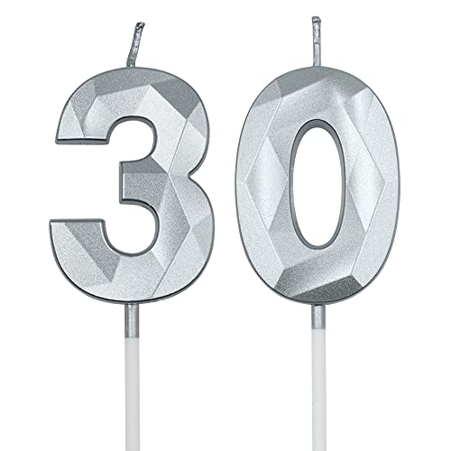 30th Birthday Candles for Cake, Silver Number 30 3D Diamond Shaped Candle Birthday Decorations Party Supplies for Women or Men