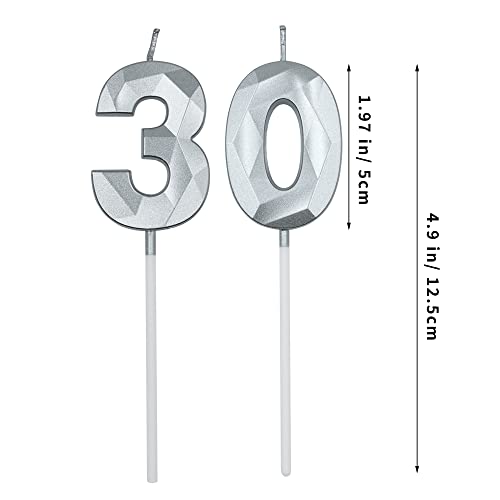 30th Birthday Candles for Cake, Silver Number 30 3D Diamond Shaped Candle Birthday Decorations Party Supplies for Women or Men