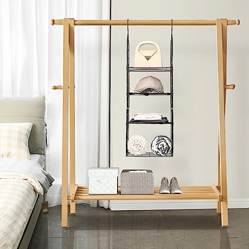 Chemailon Metal Wire Hanging Closet Organizer 4-Shelf Wardrobe Storage for Clothes, Shoes, and Handbags, Adjustable Height, Black