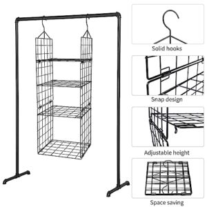 Chemailon Metal Wire Hanging Closet Organizer 4-Shelf Wardrobe Storage for Clothes, Shoes, and Handbags, Adjustable Height, Black