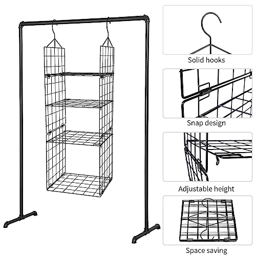 Chemailon Metal Wire Hanging Closet Organizer 4-Shelf Wardrobe Storage for Clothes, Shoes, and Handbags, Adjustable Height, Black