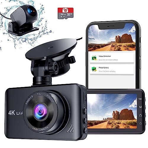 Penemay Dash Cam Front and Rear 4k WiFi, 3 Inch Dash Camera for Cars with 1080P Rear Camera, Dual Dash Cam Included 64GB Micro SD Card, Dashboard Camera with Night Vision, Parking Monitor