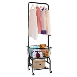 laundry cart with wheels and hanging rack rolling laundry basket with clothes rack laundry butler with wire storage rack coat rack for bedroom hallway laundry, black-3