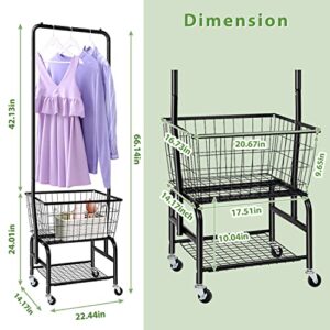 Laundry Cart with Wheels and Hanging Rack Rolling Laundry Basket with Clothes Rack Laundry Butler with Wire Storage Rack Coat Rack for Bedroom Hallway Laundry, Black-3