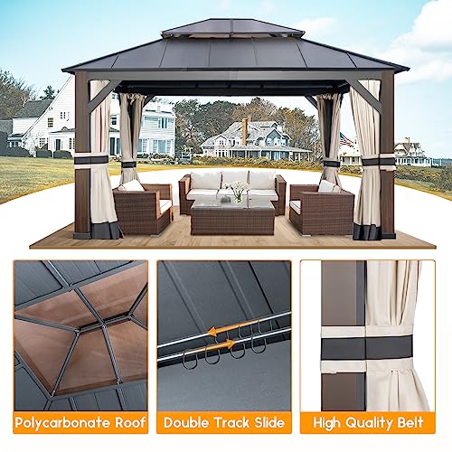 Warmally 12'×14' Hardtop Gazebo with Stable Support Posts, Outdoor Metal Gazebo with Nettings and Curtains Fast-Splicing Aluminum Structure for Patio Backyard Deck and Lawns