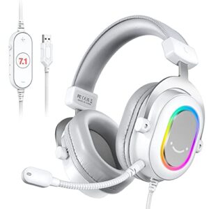 fifine usb gaming headset, pc headphones wired with microphone for computer/laptop/ps4, over-ear rgb headset with 7.1 surround sound, noise cancellation for streaming video game- ampligame h6 (white)