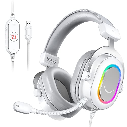 FIFINE USB Gaming Headset, PC Headphones Wired with Microphone for Computer/Laptop/PS4, Over-Ear RGB Headset with 7.1 Surround Sound, Noise Cancellation for Streaming Video Game- AmpliGame H6 (White)