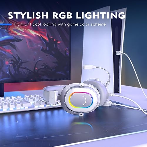 FIFINE USB Gaming Headset, PC Headphones Wired with Microphone for Computer/Laptop/PS4, Over-Ear RGB Headset with 7.1 Surround Sound, Noise Cancellation for Streaming Video Game- AmpliGame H6 (White)