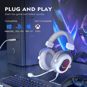FIFINE USB Gaming Headset, PC Headphones Wired with Microphone for Computer/Laptop/PS4, Over-Ear RGB Headset with 7.1 Surround Sound, Noise Cancellation for Streaming Video Game- AmpliGame H6 (White)