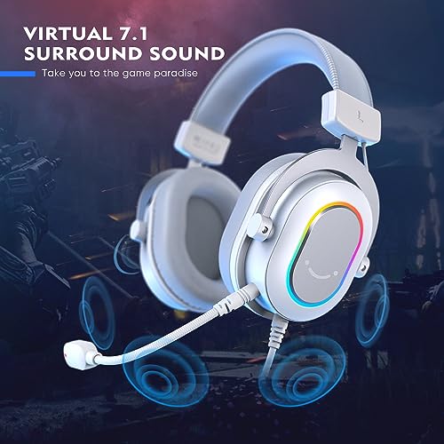 FIFINE USB Gaming Headset, PC Headphones Wired with Microphone for Computer/Laptop/PS4, Over-Ear RGB Headset with 7.1 Surround Sound, Noise Cancellation for Streaming Video Game- AmpliGame H6 (White)