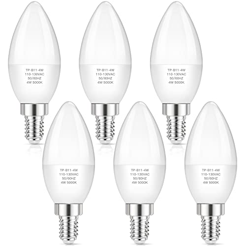 MAXvolador E12 LED Candelabra Light Bulbs 40W Equivalent, Daylight White 5000K 4W Chandelier Light Bulbs, Type B Bulb B11 Candle Bulbs Base Bulb 400 Lumens, Non-Dimmable, Pack of 6