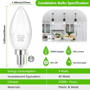 MAXvolador E12 LED Candelabra Light Bulbs 40W Equivalent, Daylight White 5000K 4W Chandelier Light Bulbs, Type B Bulb B11 Candle Bulbs Base Bulb 400 Lumens, Non-Dimmable, Pack of 6