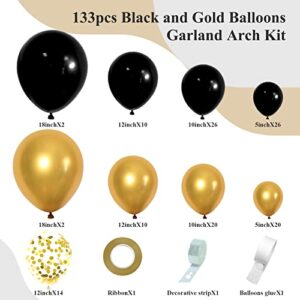 FOTIOMRG 133pcs Black and Gold Balloons Garland Arch Kit with Metallic Gold Confetti Balloons, 5/10/12/18 Inch Black Gold Latex Balloons for Graduation Birthday Wedding Party Decorations