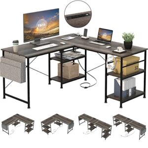 tbfit l shaped desk with storage shelves, reversible coner desk office desk,large computer gaming desk workstation with power outlet,2 person long writing study table(misty gray)