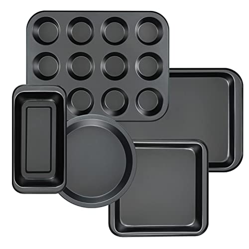 Baking Pan Sets, 5-Piece Nonstick Bakeware Sets with Cake Pan, Muffin Pan, Cupcake Pan, Roast Pan for Toaster Oven, and Kitchen Cookware Sets