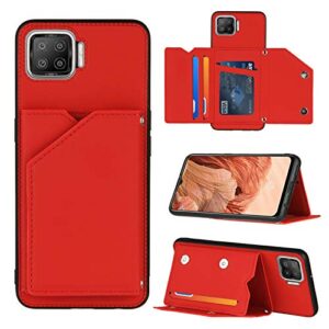 nvwa compatible with oppo f17 phone case, red back phone cover leather wallet magnetic closure credit card slot holder kickstand heavy duty protection without wrist strap shockproof protective