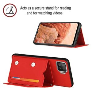 NVWA Compatible with Oppo F17 Phone Case, Red Back Phone Cover Leather Wallet Magnetic Closure Credit Card Slot Holder Kickstand Heavy Duty Protection Without Wrist Strap Shockproof Protective