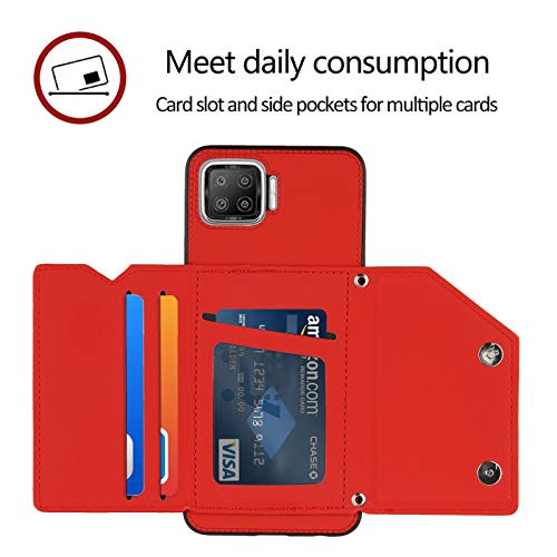 NVWA Compatible with Oppo F17 Phone Case, Red Back Phone Cover Leather Wallet Magnetic Closure Credit Card Slot Holder Kickstand Heavy Duty Protection Without Wrist Strap Shockproof Protective