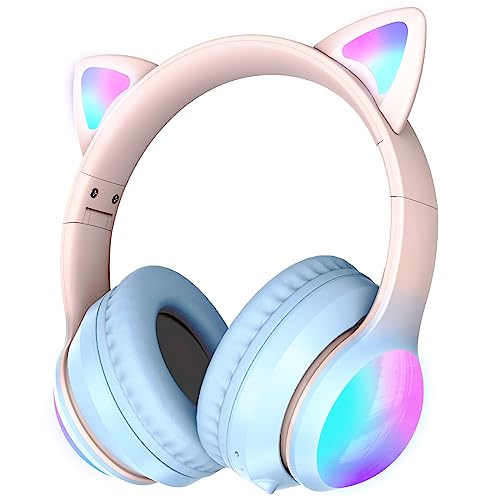 Bluetooth Headphones for Kids, Kid Odessey Cat Ears Wireless Kids Headphones, Bluetooth 5.3, 50H Playtime, 84/94dB Volume Limited, Colorful LED Lights, Built-in Mic Over-Ear Headsets for iPad/Tablet