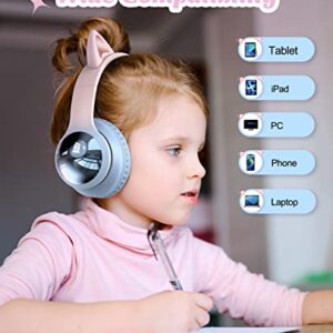 Bluetooth Headphones for Kids, Kid Odessey Cat Ears Wireless Kids Headphones, Bluetooth 5.3, 50H Playtime, 84/94dB Volume Limited, Colorful LED Lights, Built-in Mic Over-Ear Headsets for iPad/Tablet