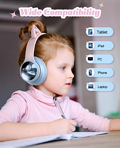 Bluetooth Headphones for Kids, Kid Odessey Cat Ears Wireless Kids Headphones, Bluetooth 5.3, 50H Playtime, 84/94dB Volume Limited, Colorful LED Lights, Built-in Mic Over-Ear Headsets for iPad/Tablet